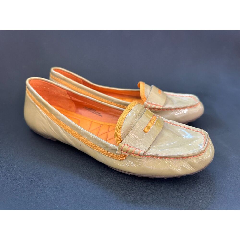 Isaac Mizrahi Patent Leather Loafers Beige Tan Orange Trim Driving Mocs Size 8.5